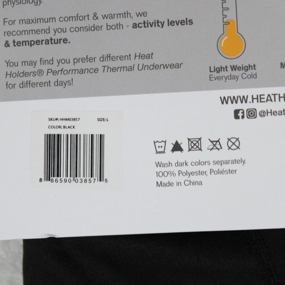 Heat Holders Lite Thermal Underwear Long Sleeve Crew Top Black Mens Large 42-44